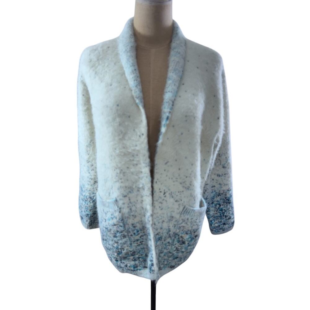 "RENEE C." Sweater Blazer‎ Open Front Long SZ L USA Fuzzy Very Soft Quiet Luxury